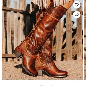 Freebird Steven Coal lace-up back knee high leather boots,  size 9, Cognac color